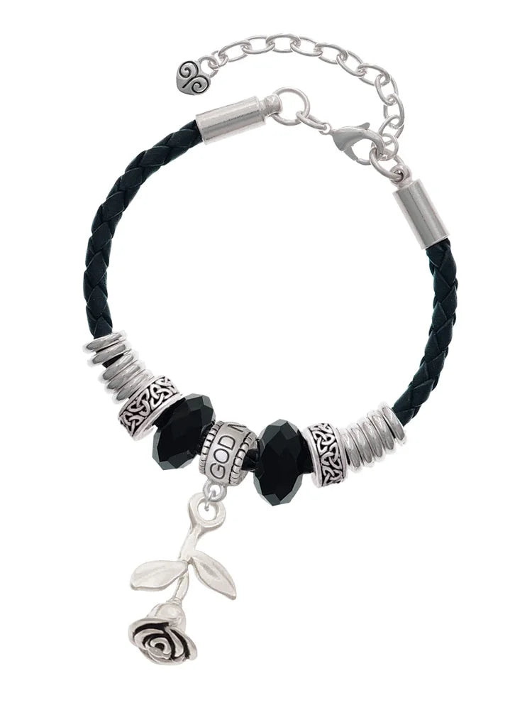 Delight Jewelry Silvertone Stemmed Rose Godmother Celtic Knot Leather Bead Bracelet, 7"+2" Extender