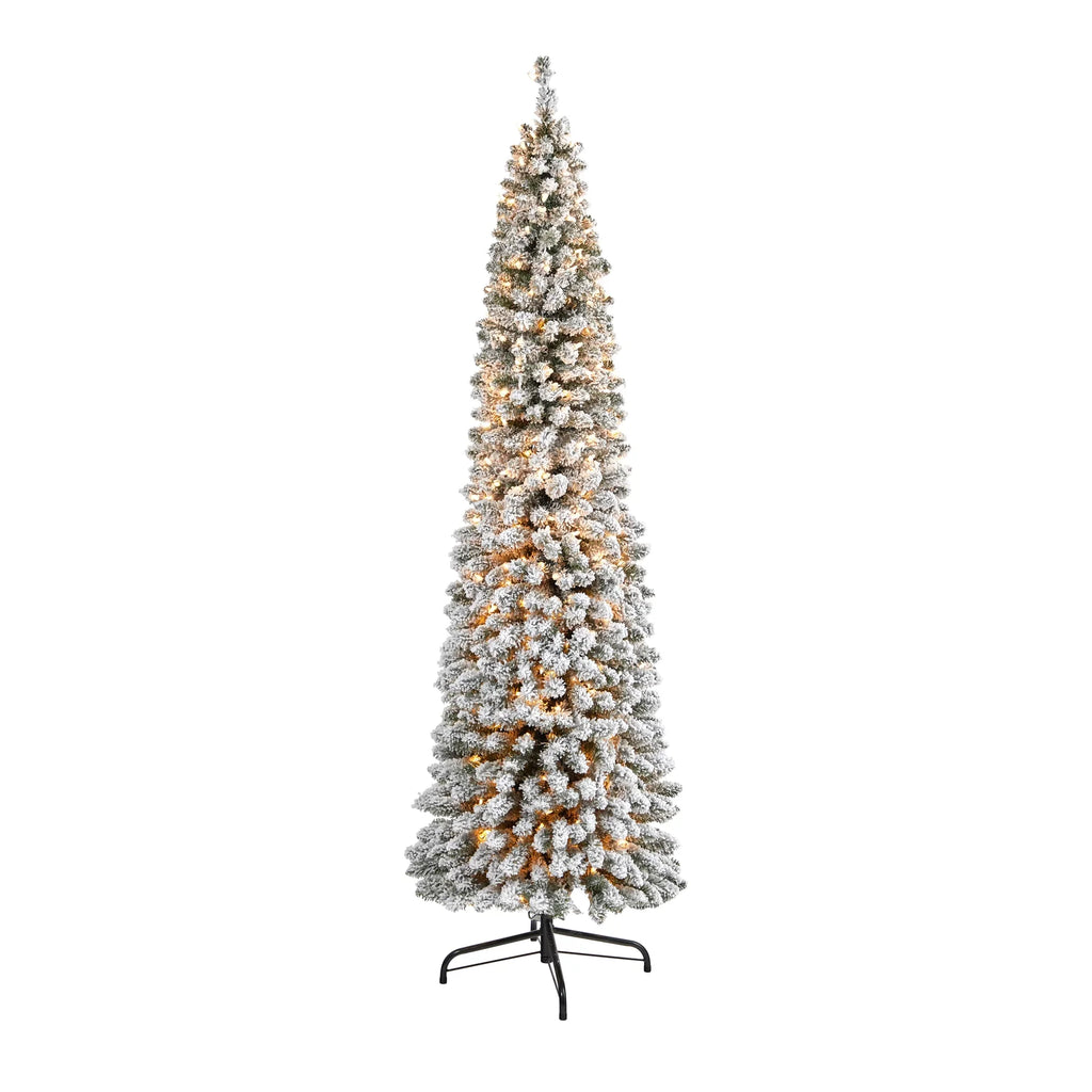 Nearly Natural 7' White Flocked Pencil Artificial Christmas Tree Prelit 400 Clear Lights