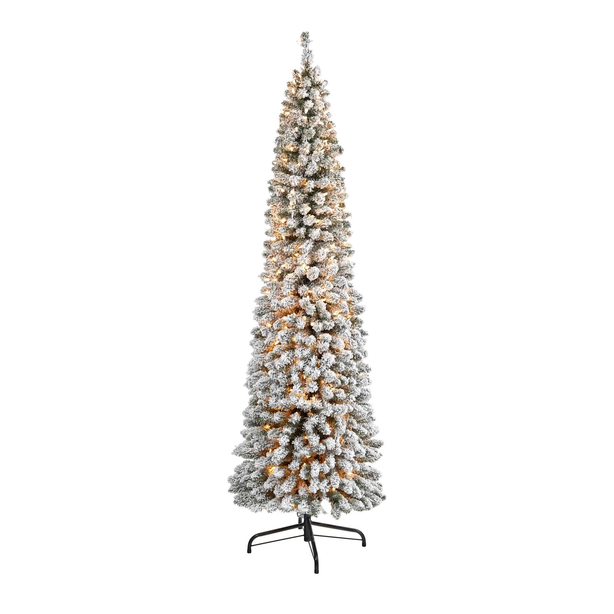Nearly Natural 7' White Flocked Pencil Artificial Christmas Tree Prelit 400 Clear Lights