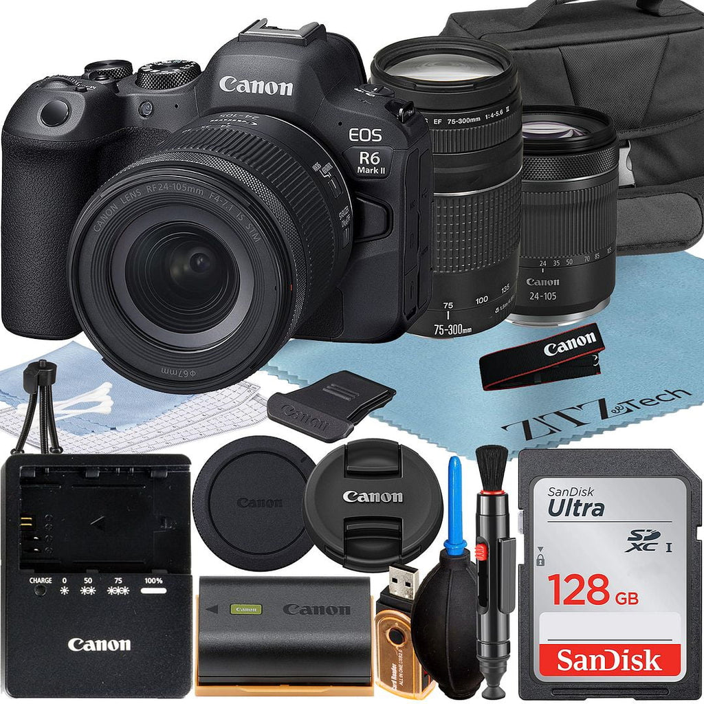 EOS R6 Mark II Mirrorless Camera with RF 24-105mm Lens + EF 75-300mm + SanDisk 128GB Memory Card + Case + LED Flash+ ZeeTech Accessory Bundle