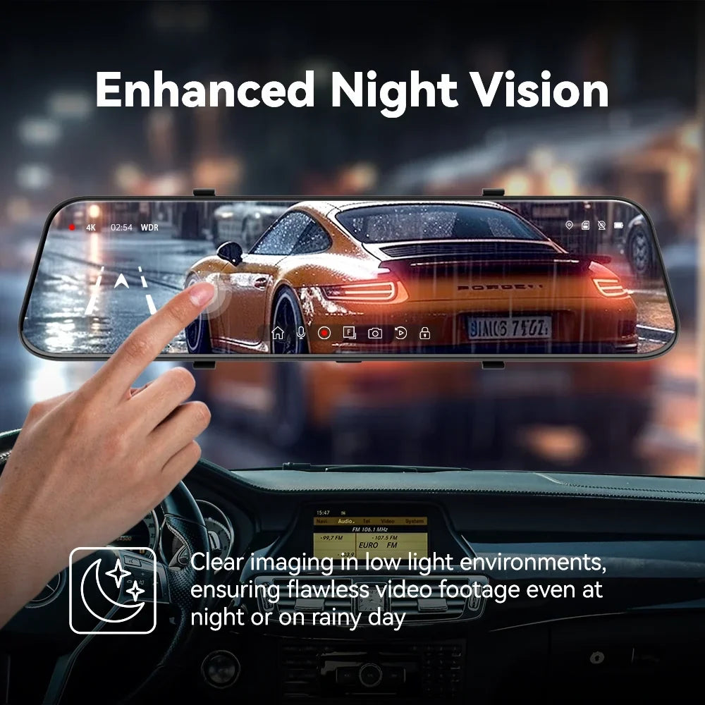 PELSEE 12" 4K Mirror Dash Cam with Backup Camera, 2160P Full HD Rearview Mirror Camera, Dual Dash Cam Front and Rear Cameras for Cars, Voice Control, Parking Monitoring, Free 32GB Card & GPS