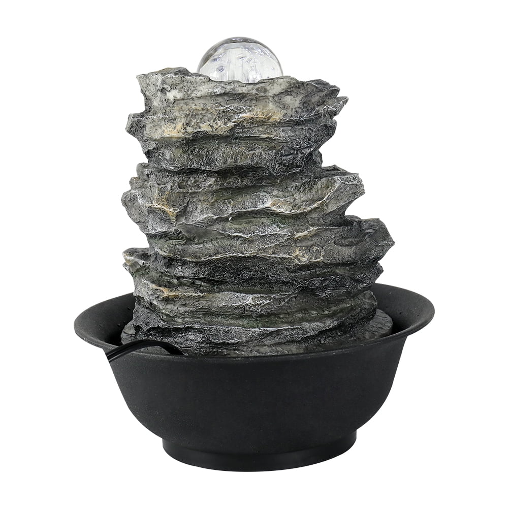 8.3-inch High 4-Tier Cascading Rock Falls Tabletop Liquid Fountain with LED Lights for Home and Office Decor