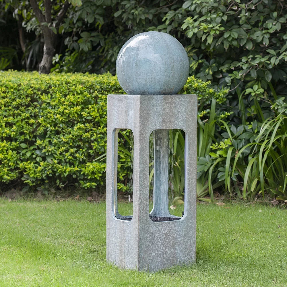 CoSoTower 13X13X44" Tall Contemporary Sphere Outdoor Liquid Fountain, Cement/Concrete Outdoor Fountain, Antique Blue Raindrop Fluid Feature with Light for Garden, Lawn, Deck & Patio