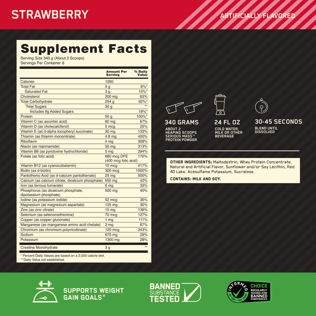 Optimum Nutrition Serious Mass, High Protein Weight Gain Powder, Strawberry, 6 lb (2.72 kg)