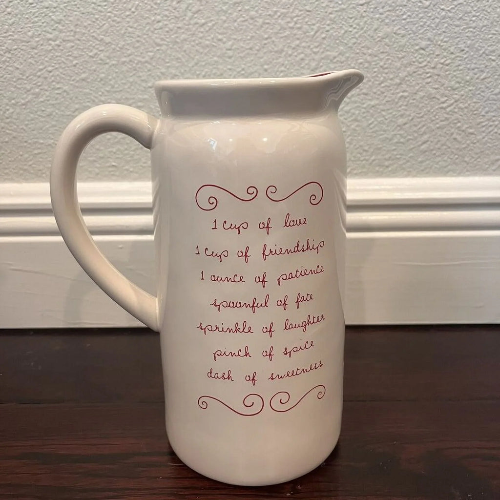 Rae Dunn LOVE POTION Ceramic Double-sided Pitcher 9" H Reverse side has recipe for love Ivory with Red LL Letters Valentine's Day