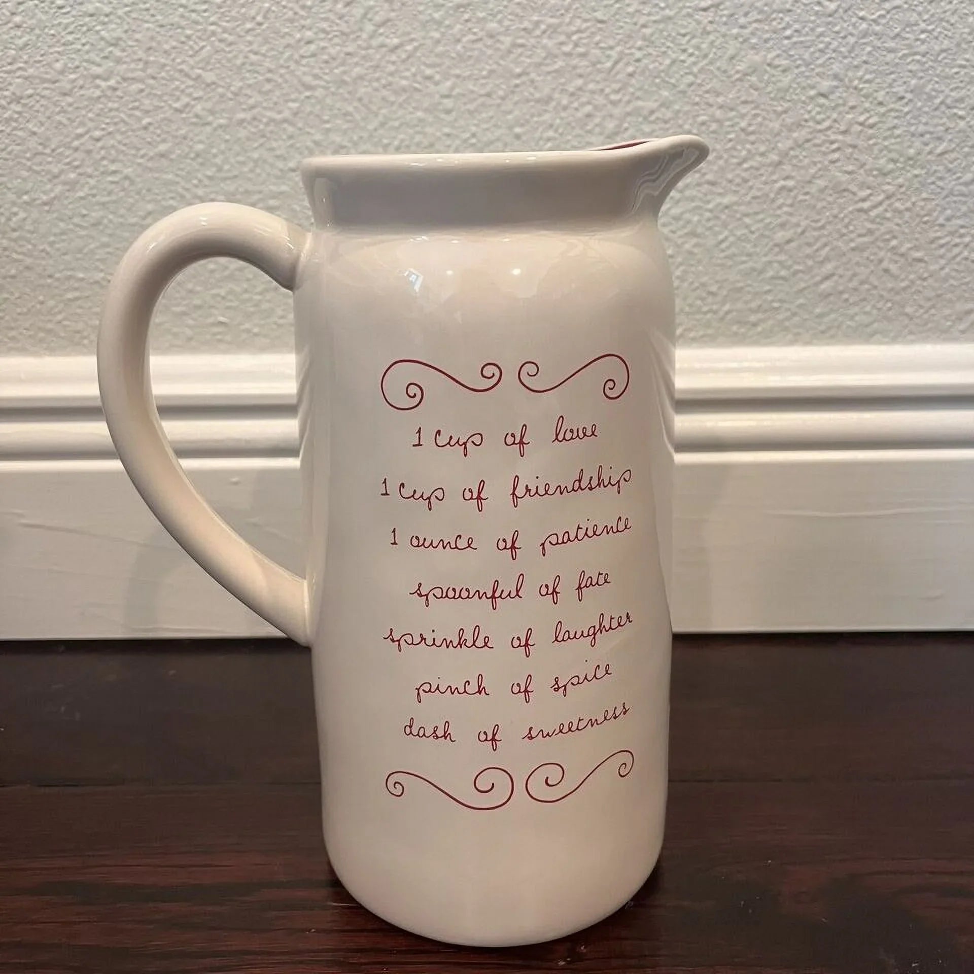 Rae Dunn LOVE POTION Ceramic Double-sided Pitcher 9" H Reverse side has recipe for love Ivory with Red LL Letters Valentine's Day