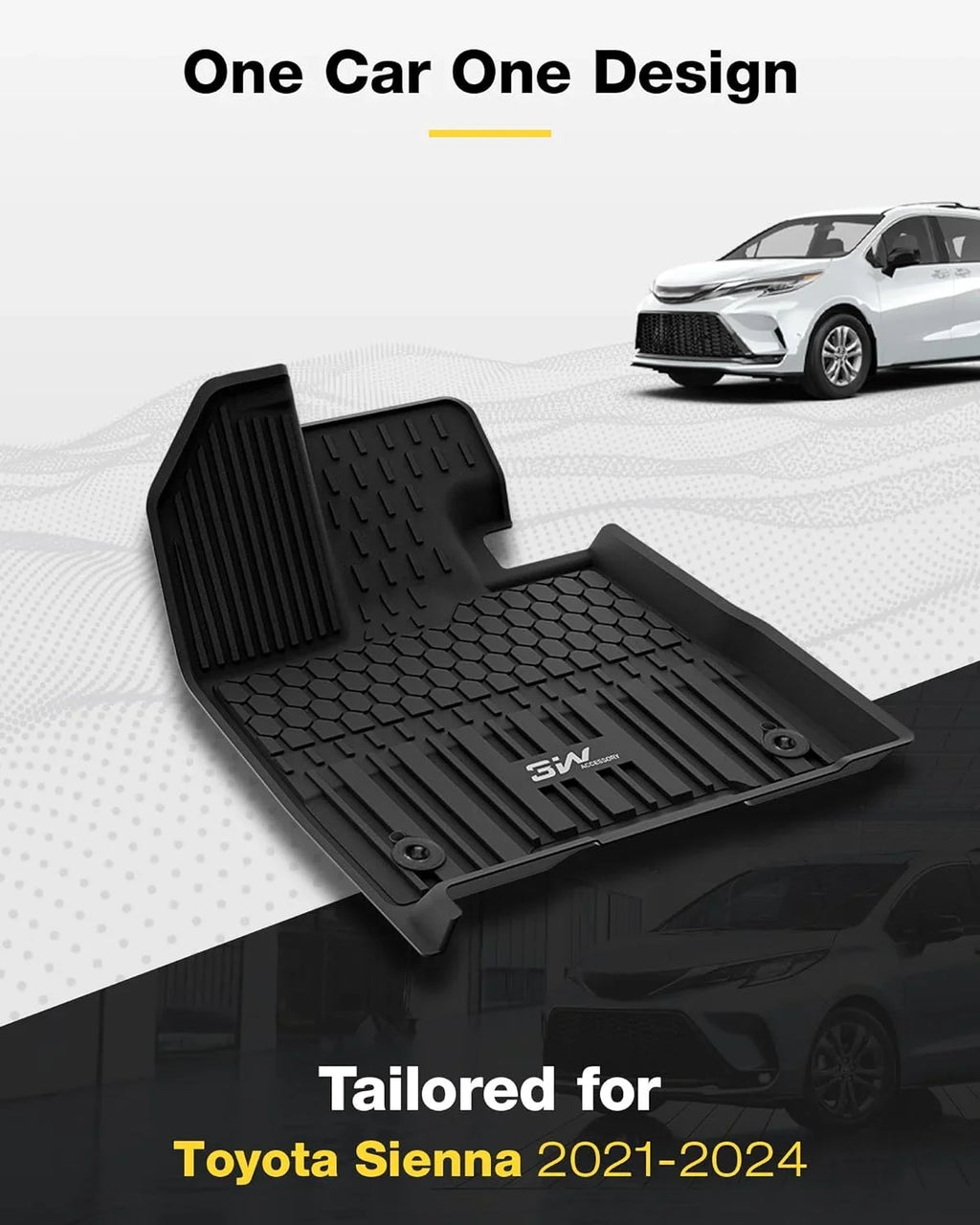 3W Floor Mats&Cargo Liner for Toyota Sienna 2021-2024 8 Seater TPE 1st 2nd and 3rd Row with Trunk Mat (NOT for Spare Tire Model ), Black All Weather Car Mats