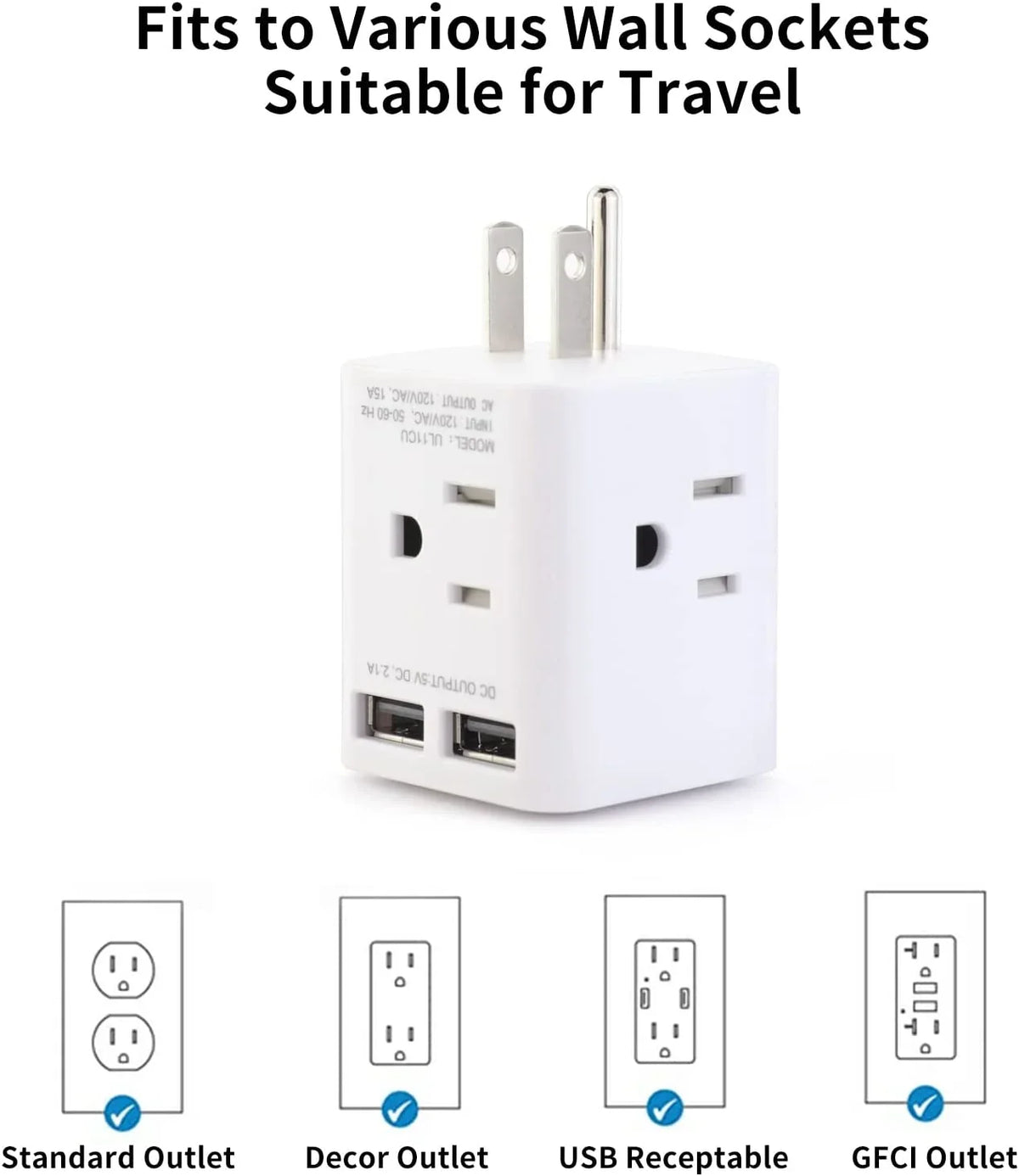 Multi Plug Outlet Extender with 2 USB and 4 AC Sockets, Wonplug Right Angle Plug Adapter Splitter 3 Prong Adapter Wide Spaced Cube Wall Charger for USA Home Office Cruise Ship Travel,White