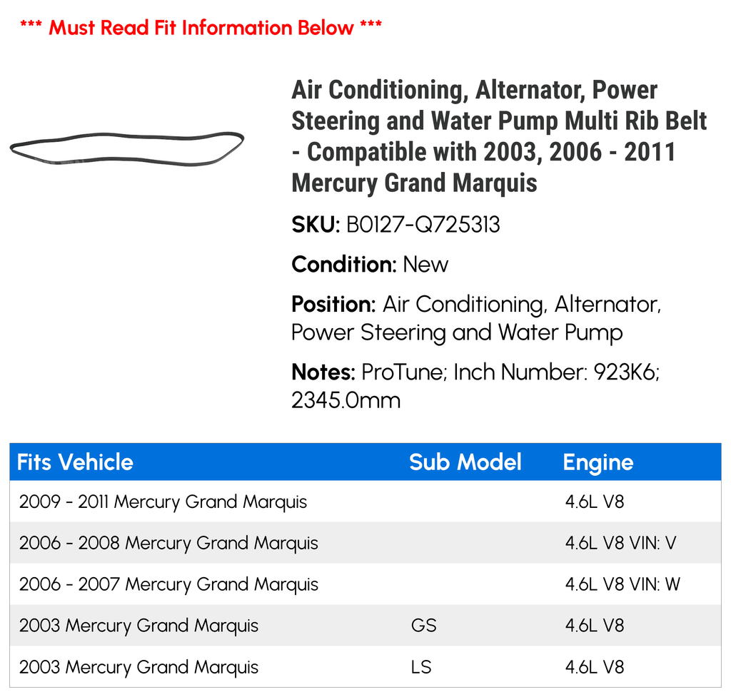 Air Conditioning, Alternator, Power Steering and Fluid Pump Multi Rib Belt - Compatible with 2003, 2006 - 2011 Mercury Grand Marquis 2007 2008 2009 2010