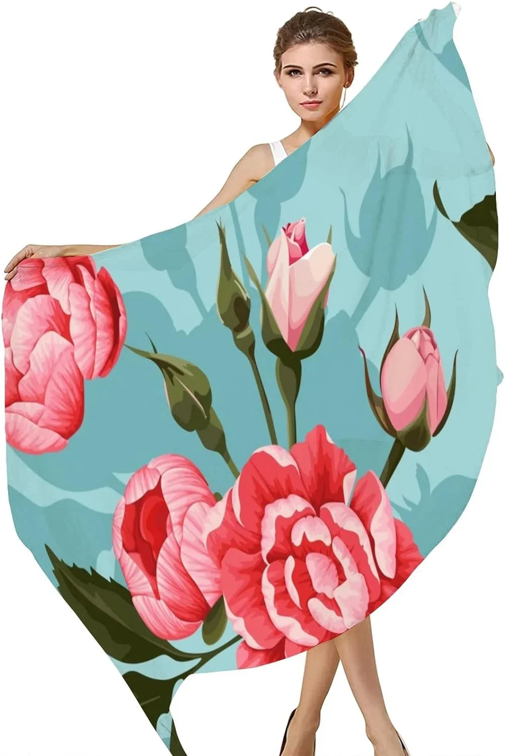 Hyjoy Peony And Roses Long Silk Neck Scarf Lightweight Shawl Wrap Scarves for Women Girls