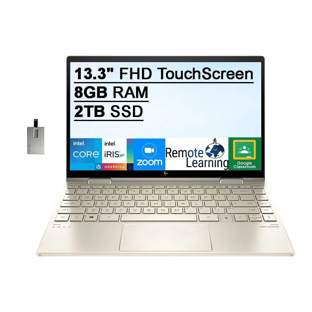 2021 Envy X360 2-in-1 13.3" FHD Display Notebook Core i5-1135G7 (Beats i7-1065g7), 8GB RAM, 2TB PCIe SSD, Backlit Keyboard, Iris Xe Graphics, Webcam, Windows 11, Gold, 32GB USB Card