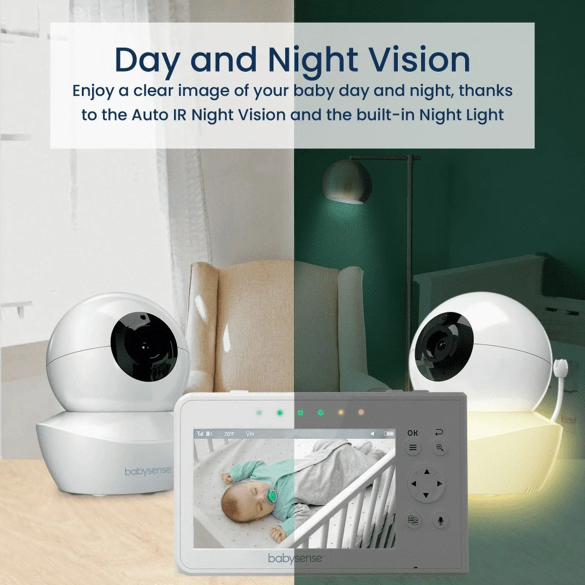Babysense Split Display Video Baby Monitor, 4.3" Display with 2 PTZ Cameras, Long Range, Night Light & Vision, Two-Way Talk, V43