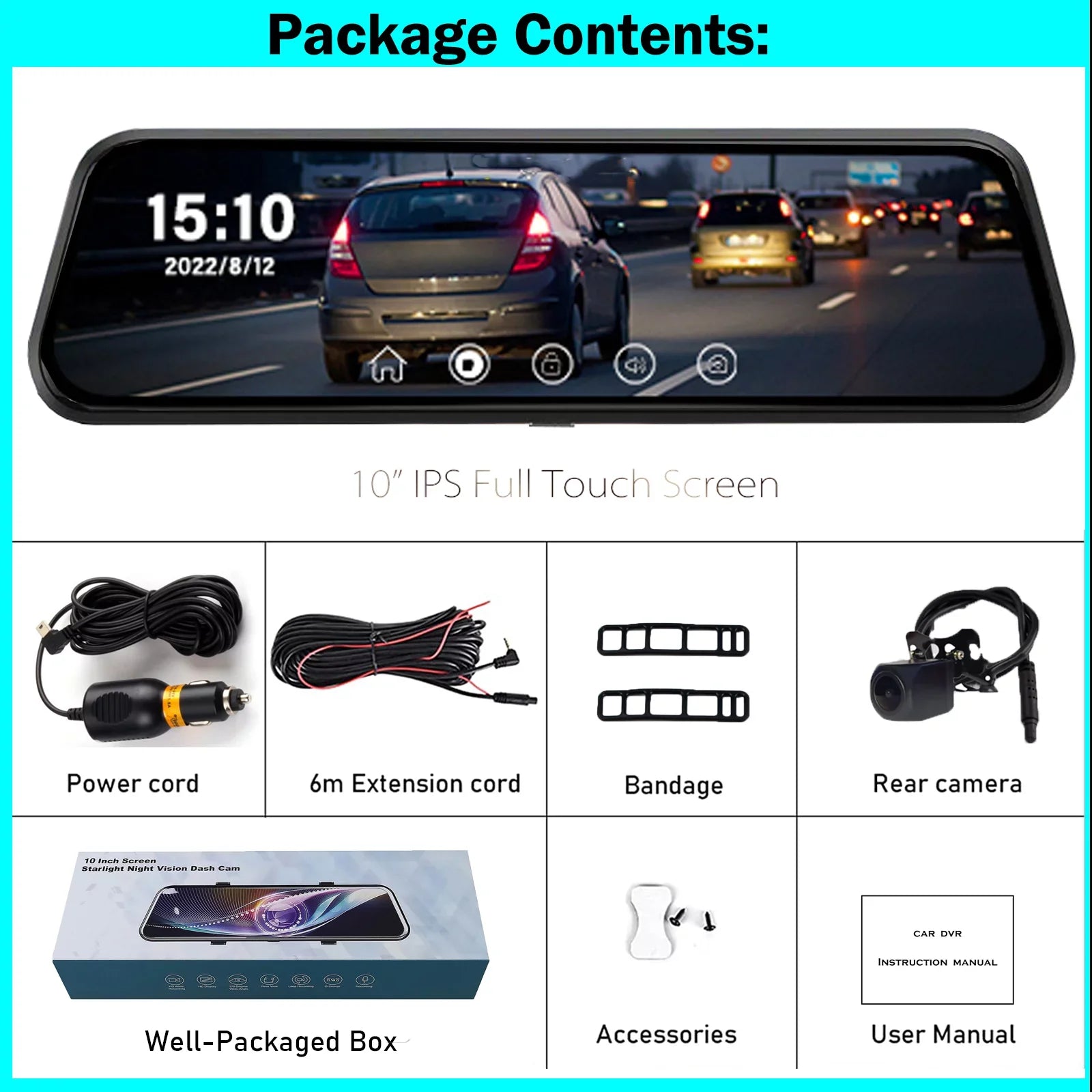 Erago Rear View Mirror Camera Kit:Rear view mirror dash cam Front and Rear FHD 1080P for Car with 10" Full Touch Display Fluid Backup WDR Camera, Night Vision, G-Sensor, Parking Moniter