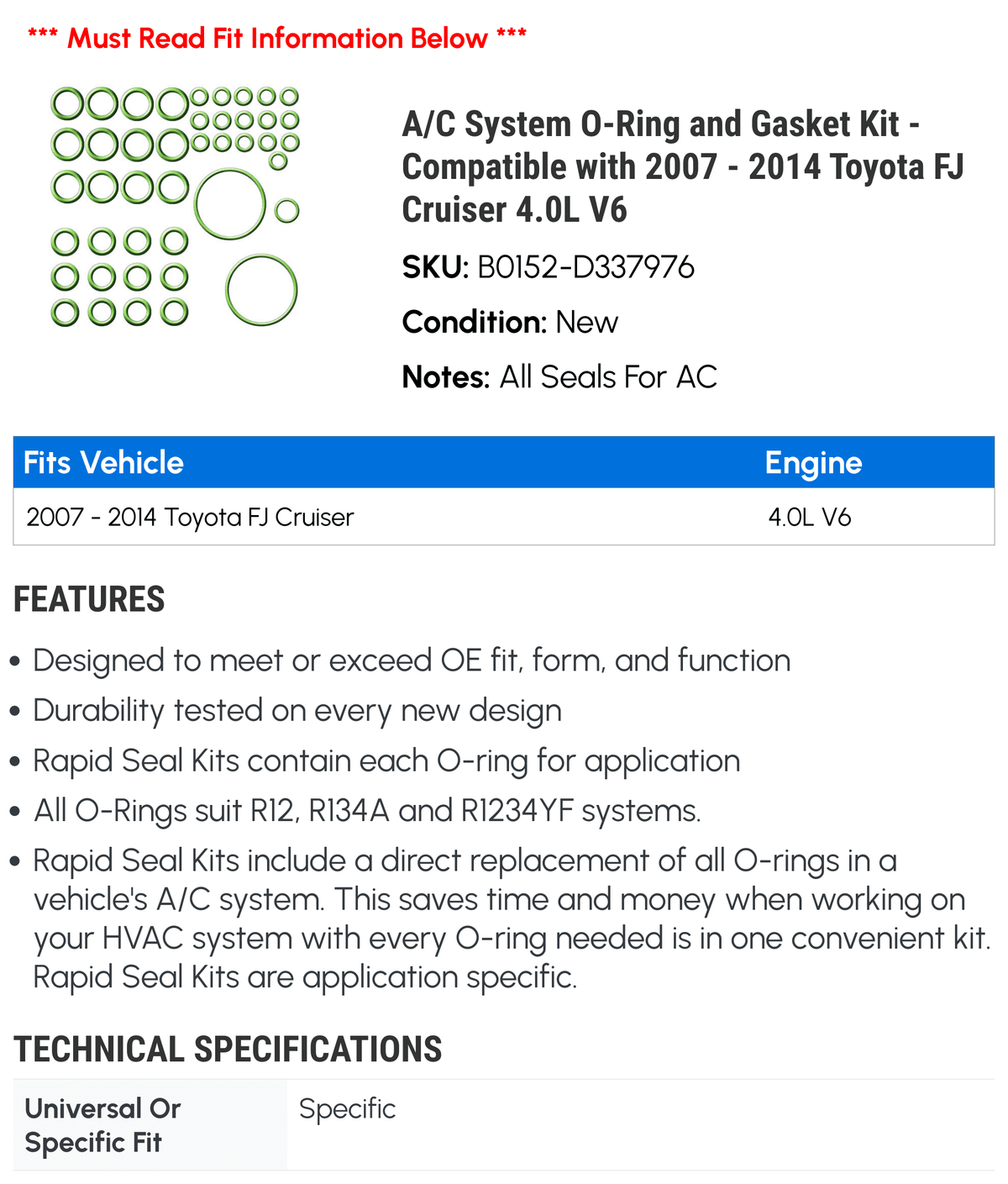A/C System O-Ring and Gasket Kit - Compatible with 2007 - 2014 Toyota FJ Cruiser 4.0L V6 2008 2009 2010 2011 2012 2013