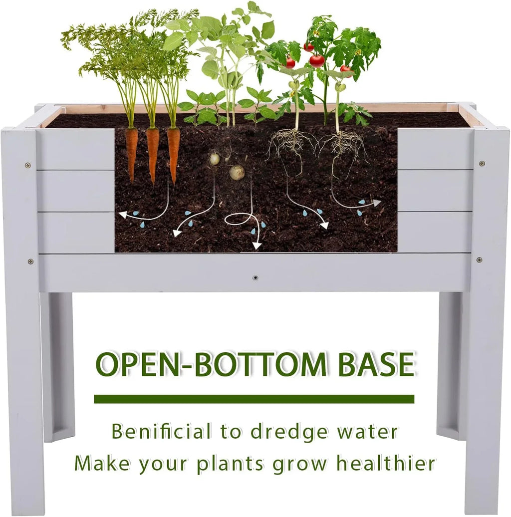 Kids Raised Garden Bed, 30 x 24 x 18 Inch Wooden Elevated Raised Garden Bed for Kids Outdoor Raised Planter Box for Vegetables Grass Lawn Yard, Light Grey