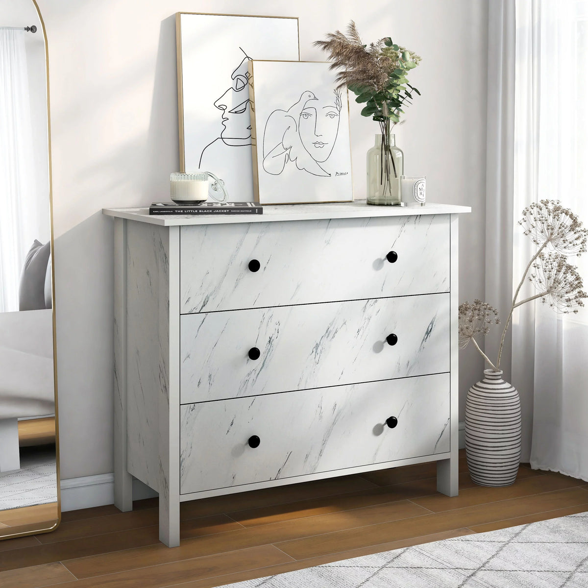 Denhour DH BASIC Transitional 34-inch Wide 3-Drawer Neutral Youth Dresser by White Marble