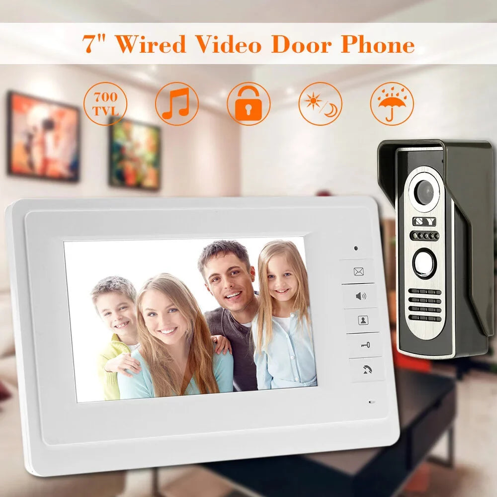 OWSOO 7” Wired Video Door Phone System Visual Doorbell with Indoor Monitor and Outdoor support Unlock Infrared Night View Rainproof for Home