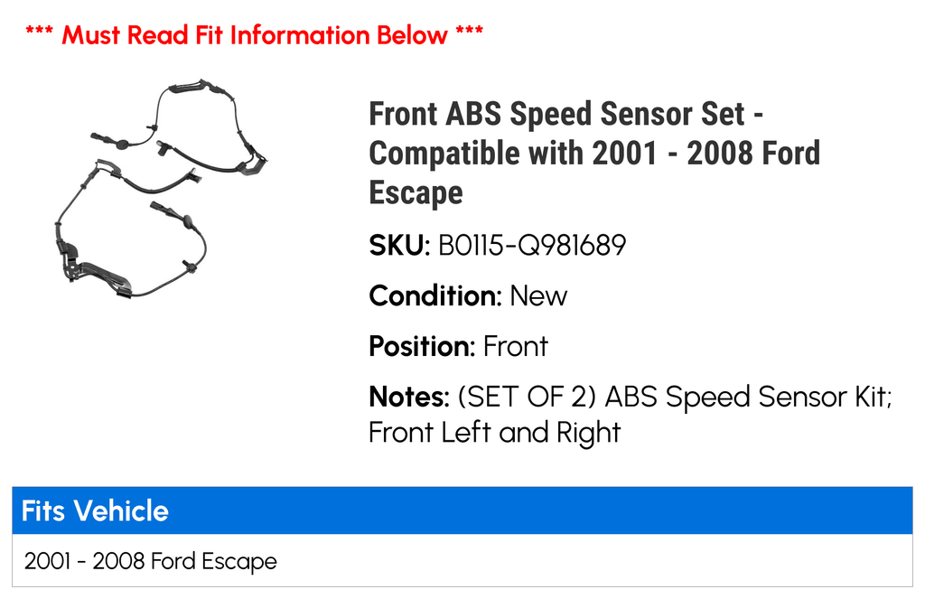 Front ABS Speed Sensor Set - Compatible with 2001 - 2008 Ford Escape 2002 2003 2004 2005 2006 2007