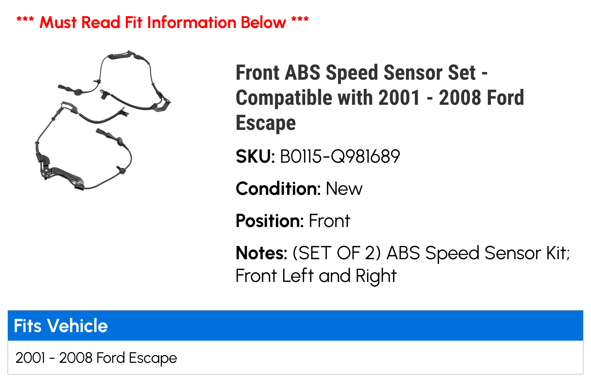 Front ABS Speed Sensor Set - Compatible with 2001 - 2008 Ford Escape 2002 2003 2004 2005 2006 2007