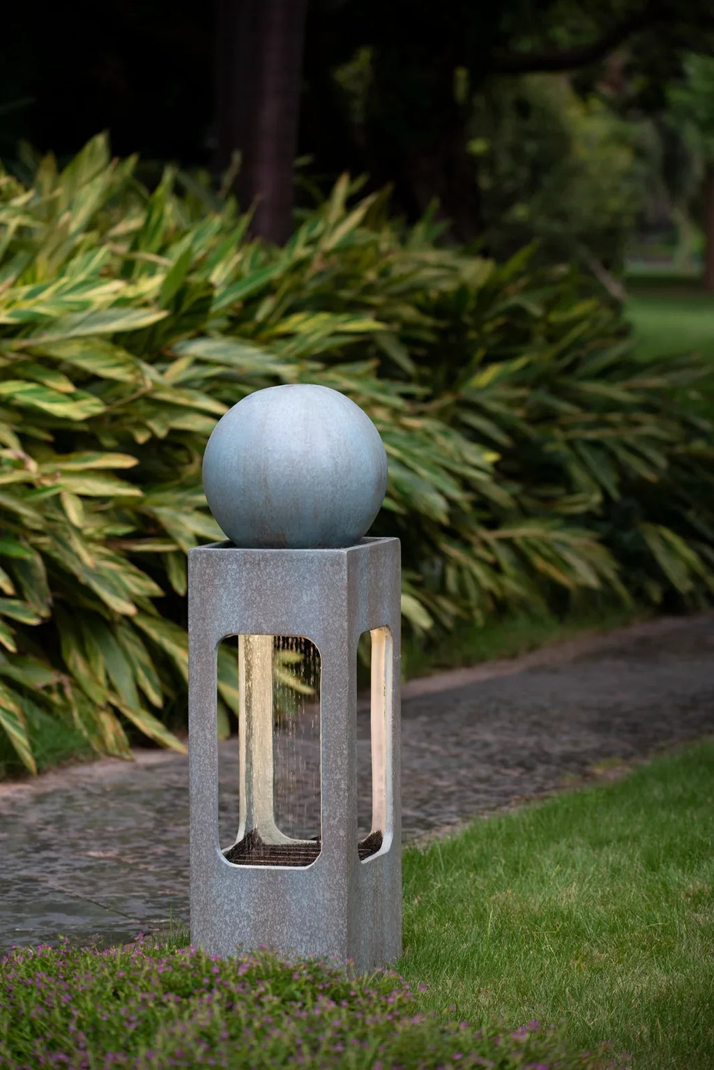 CoSoTower 13X13X44" Tall Contemporary Sphere Outdoor Liquid Fountain, Cement/Concrete Outdoor Fountain, Antique Blue Raindrop Fluid Feature with Light for Garden, Lawn, Deck & Patio