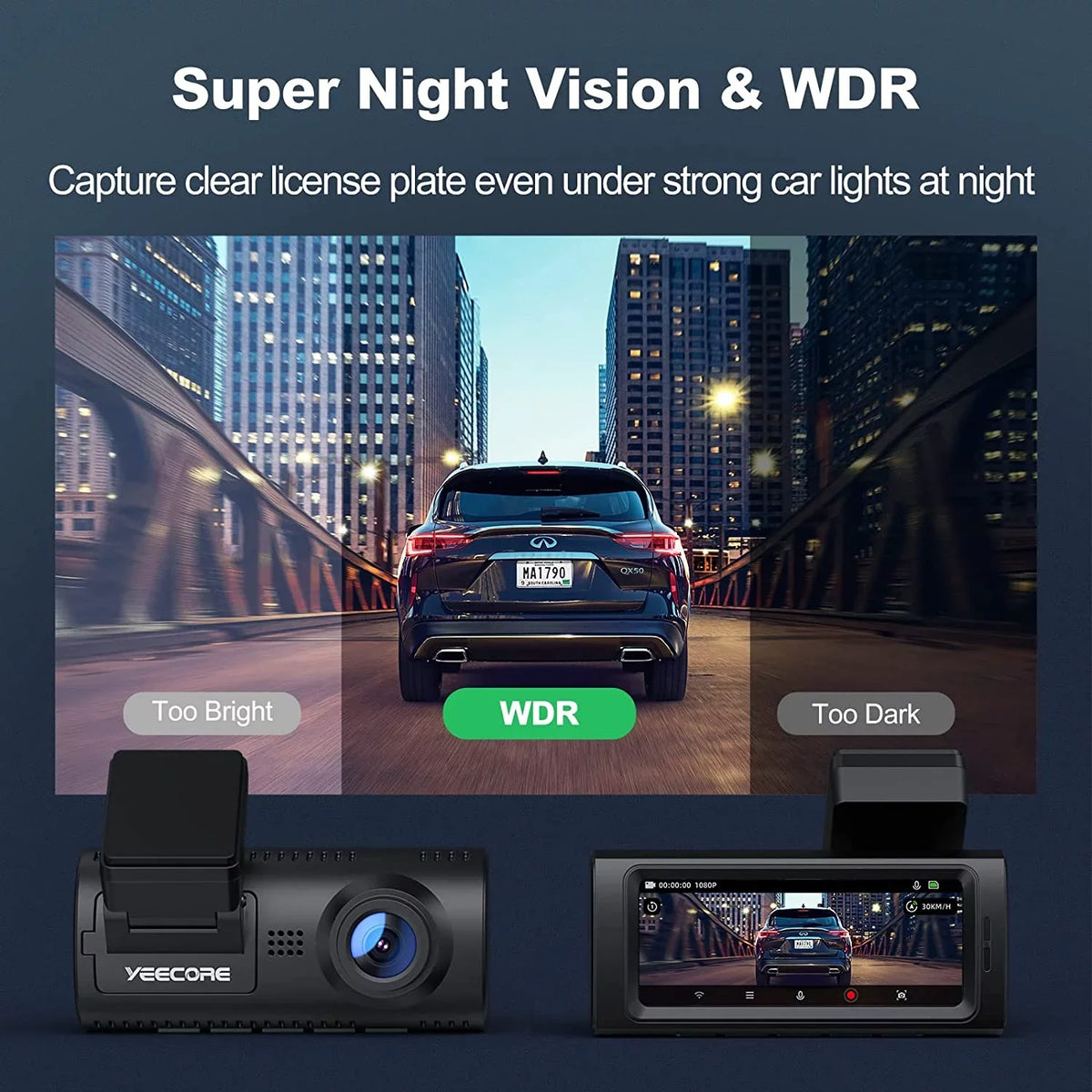 Yeecore D32 Dual Dash Dam, Built-in WiFi GPS, 2.5K+1080P Dash Cam Front and Rear, Portable Magnetic Mount, Super Night Vision, Parking Mode, Dash Camera for Cars App Control, G-Sensor, Accident Record