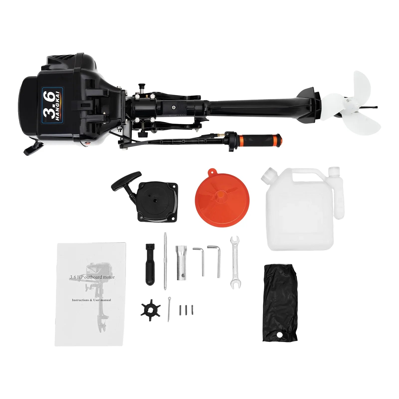 2 Stroke 3.6 Gasoline Outboard Motor, 55cc Fishing Boat Engine with Fluid Cooling System Clutch Control Black