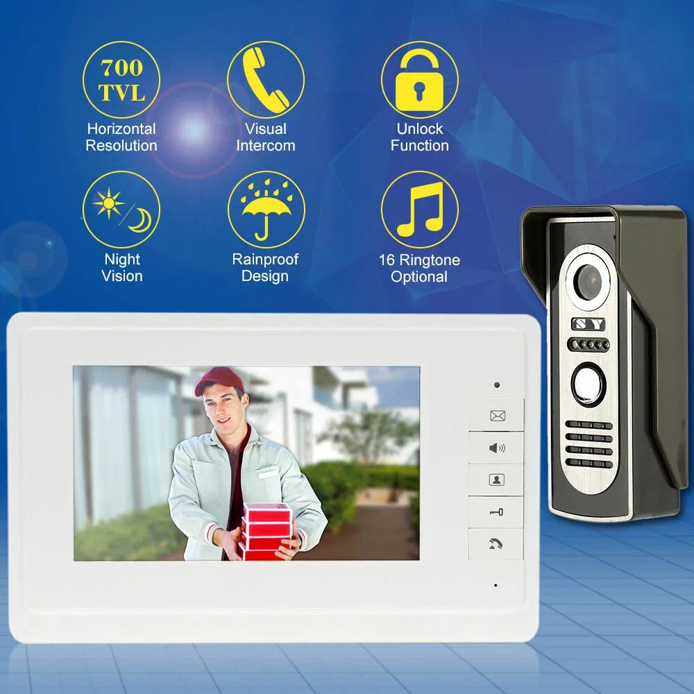 OWSOO 7” Wired Video Door Phone System Visual Doorbell with Indoor Monitor and Outdoor support Unlock Infrared Night View Rainproof for Home