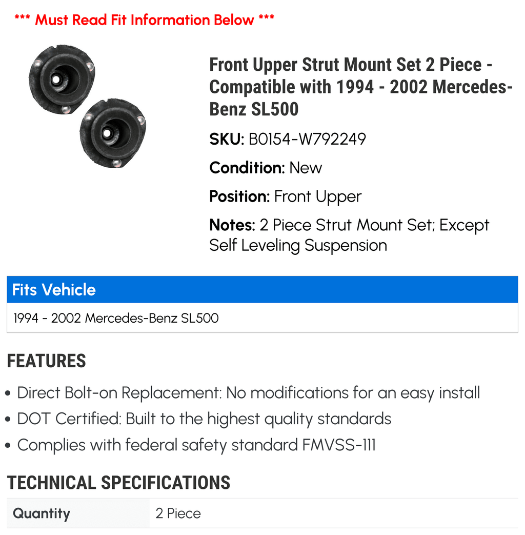 Front Upper Strut Mount Set 2 Piece - Compatible with 1994 - 2002 Mercedes-Benz SL500 1995 1996 1997 1998 1999 2000 2001