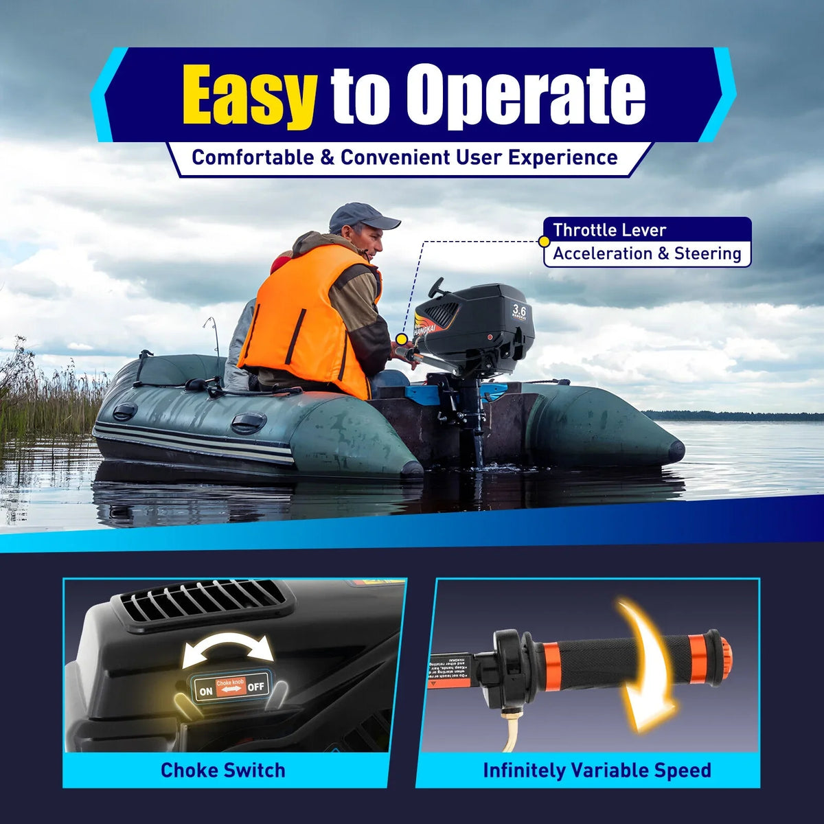 HANGKAI 2 Stroke 3.6 Outboard Motor Fishing Boat Engine Fluid Cooling CDI Outboard Boat Motor 90cm/35.4in