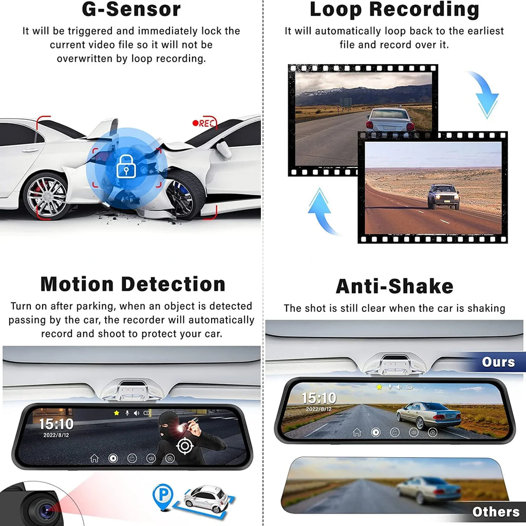 Erago Rear View Mirror Camera Kit:Rear view mirror dash cam Front and Rear FHD 1080P for Car with 10" Full Touch Display Fluid Backup WDR Camera, Night Vision, G-Sensor, Parking Moniter
