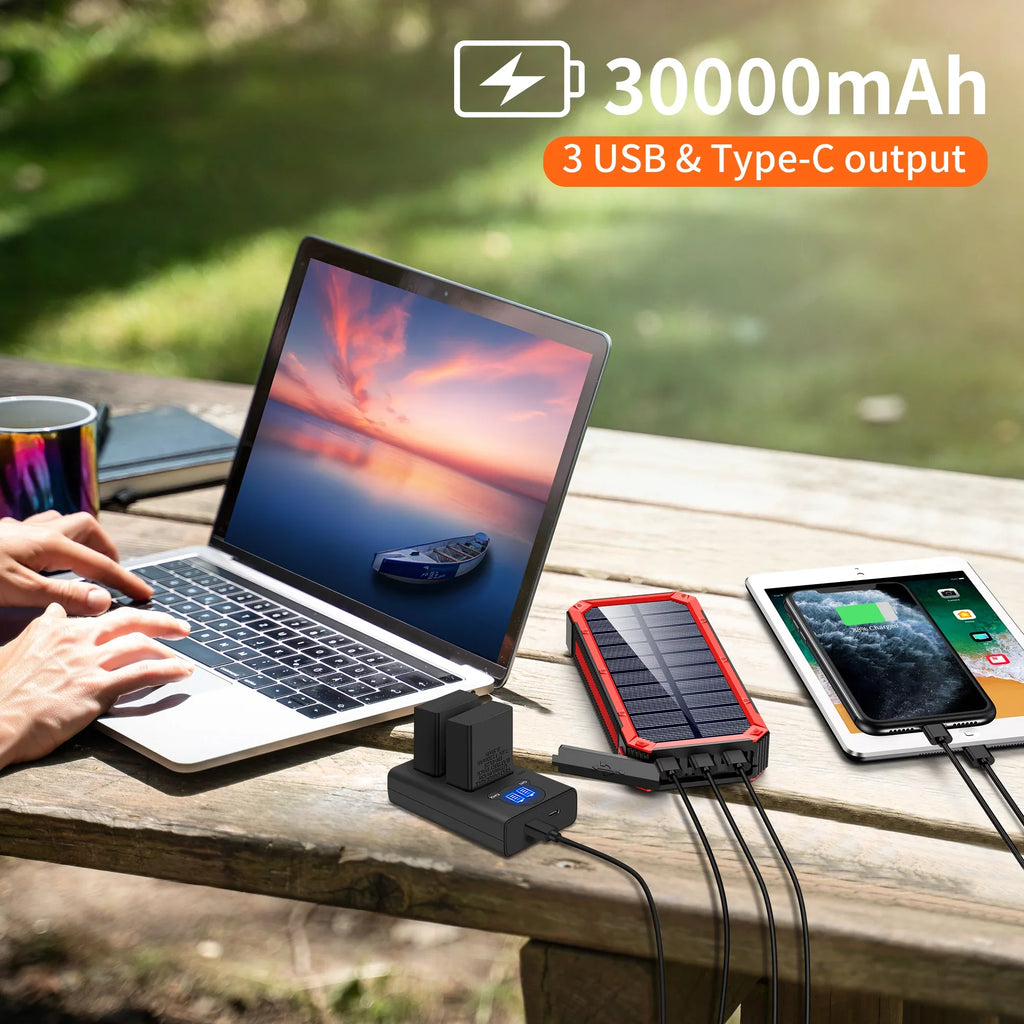 Portable Solar Power Bank 30000mAh, Wireless Solar Charger External Backup Battery, 3 Fast Charger Output Ports & 4 LED Flashlight