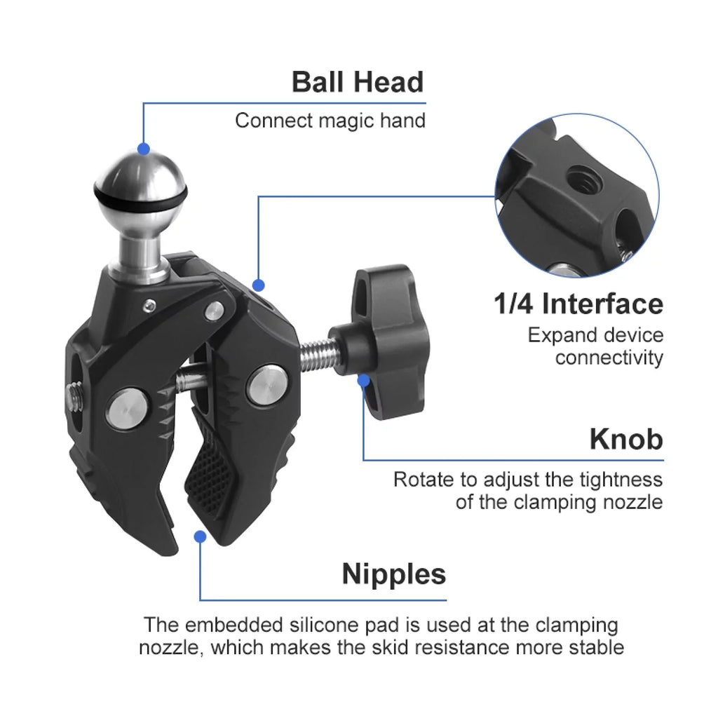 Aluminum Alloy Camera Mount Clamp - Bicycle Handlebar Adapter, 1.5kg Load Capacity, Dual Rotatable Ball Head, Adapter, Compatible with AKASO, DJI, Hero 11/10/9/8/7, Insta360