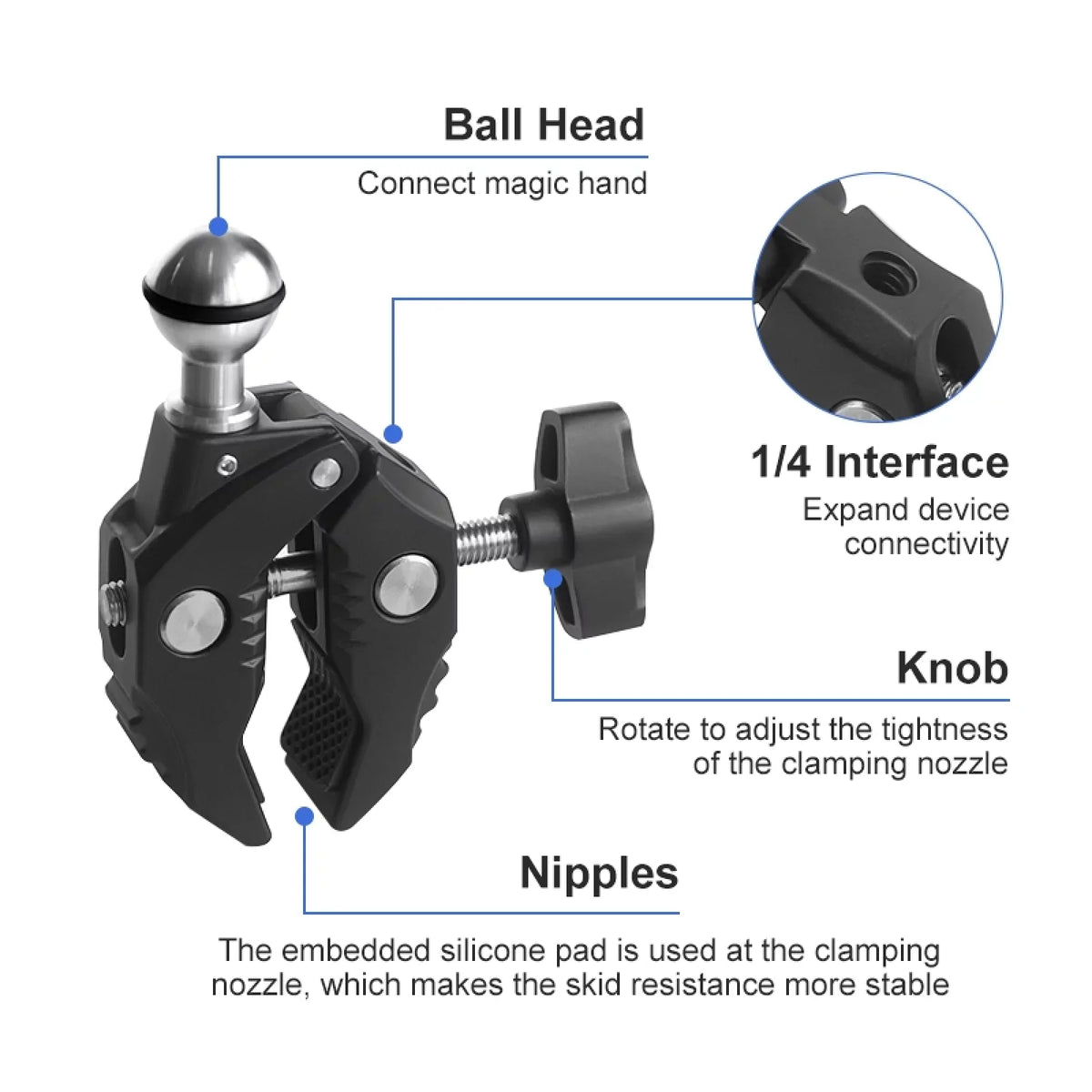 Aluminum Alloy Camera Mount Clamp - Bicycle Handlebar Adapter, 1.5kg Load Capacity, Dual Rotatable Ball Head, Adapter, Compatible with AKASO, DJI, Hero 11/10/9/8/7, Insta360