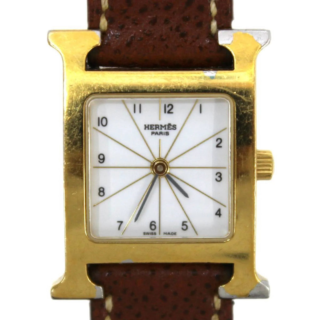Pre-Owned HERMES Hermes H Watch Ladies Quartz Gold x Brown Dial: White HH1.201 □G (Good)