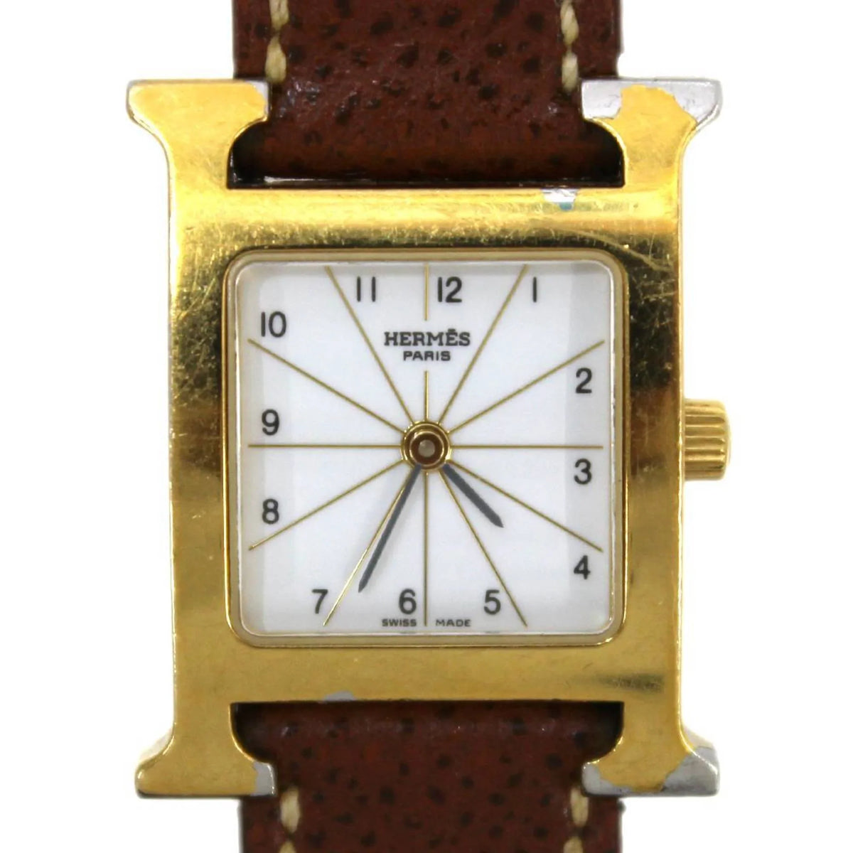 Pre-Owned HERMES Hermes H Watch Ladies Quartz Gold x Brown Dial: White HH1.201 □G (Good)