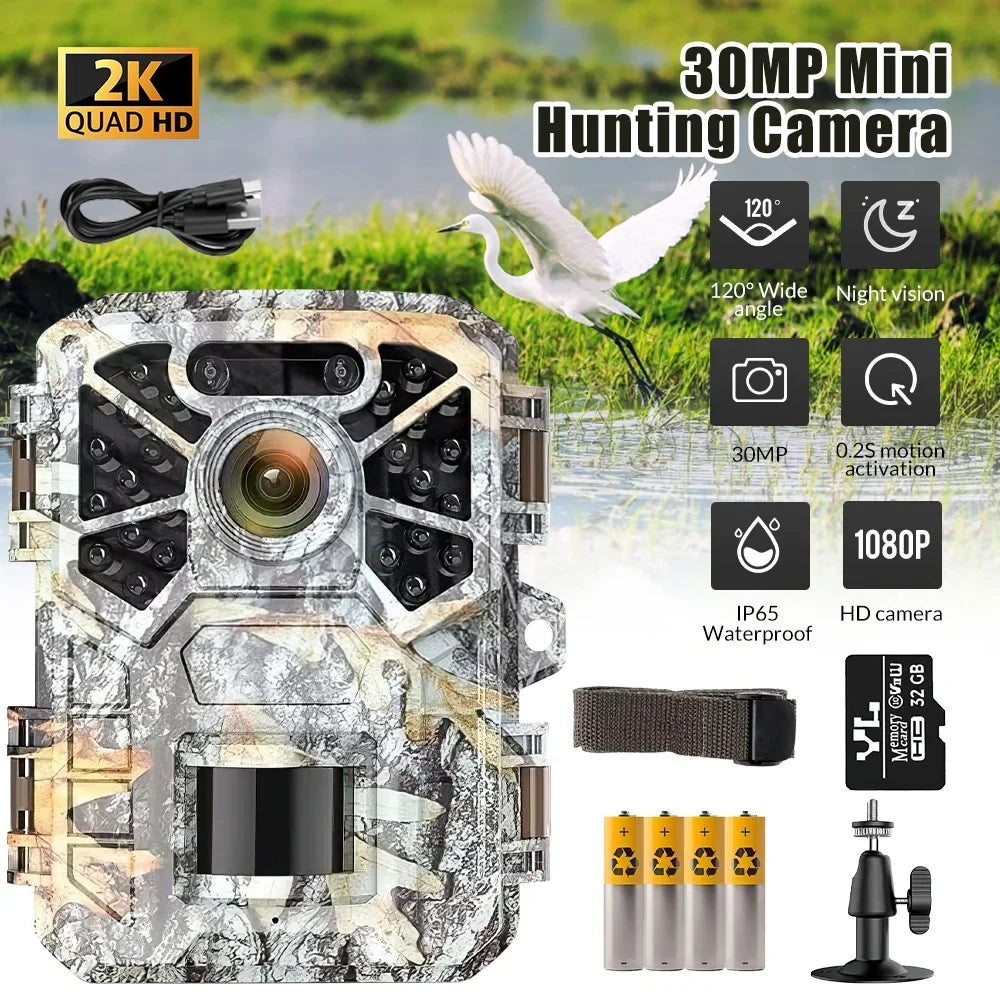 2 Pack Trail Camera, 30MP 2k Game Camera with Infrared Night Vision Wildlife Surveillance, Farm Monitoring, Fluid Hunting Trail Monitor with 120° Wide Angle Lens