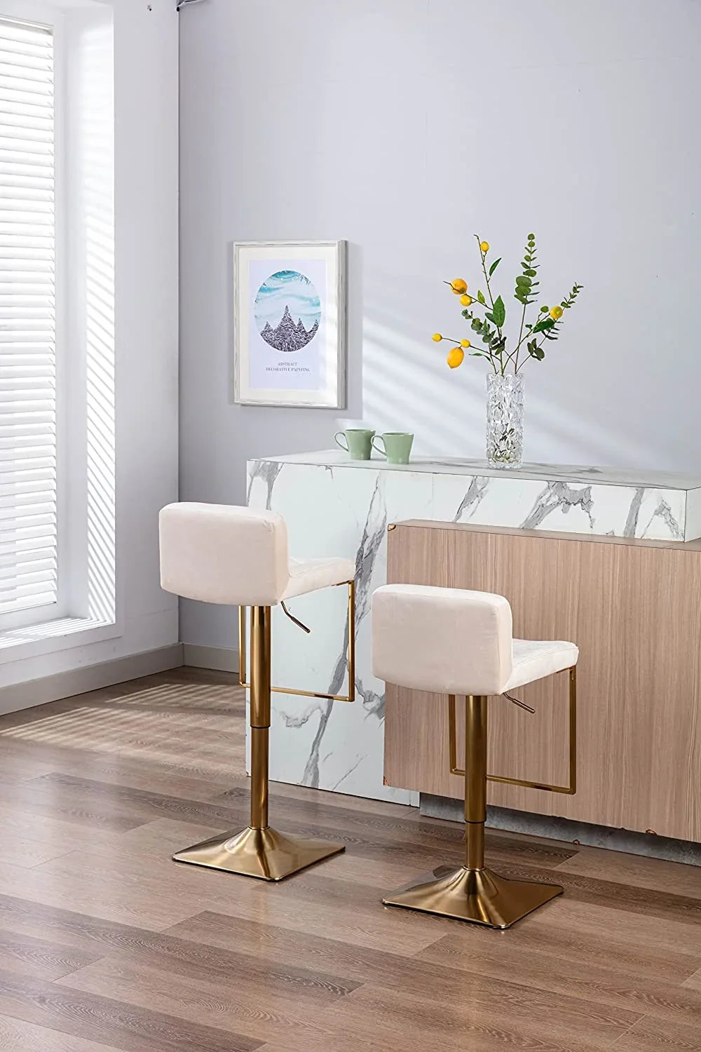 xrboomlife Velvet Stools Modern Swivel Counter Height Barstools Height Adjustable Kitchen Stools for Island Chairs Island Stools Chair Gold sillas para barra de cocina (Ivory Set of