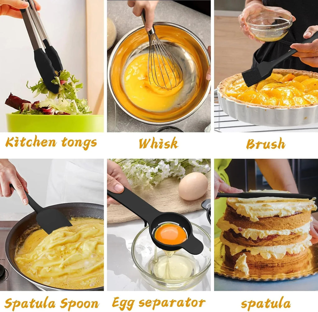 AIKKIL Mixing Bowls with Airtight Lids, 20 piece Stainless Steel Metal Nesting Bowls, Non-Slip Silicone Bottom, Size 7, 3.5, 2.5, 2.0,1.5, 1,0.67QT Great for Mixing, Baking, Serving (Black)