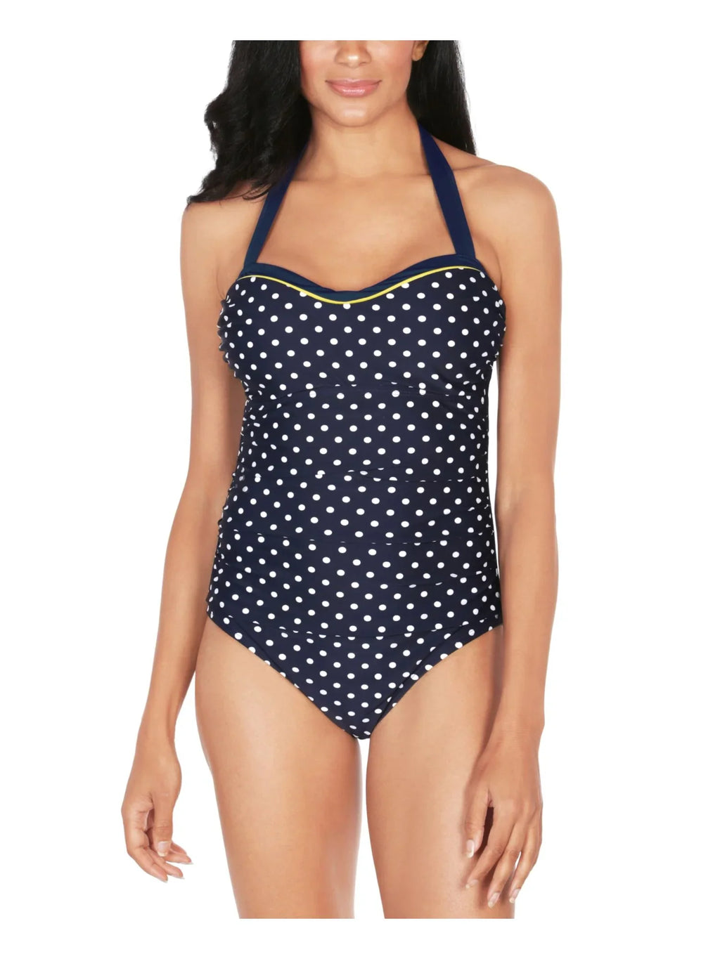 NAUTICA Women's Navy Polka Dot Stretch Tummy Control Fixed Cups Tie Sweetheart Moderate Coverage One Piece Swimsuit M