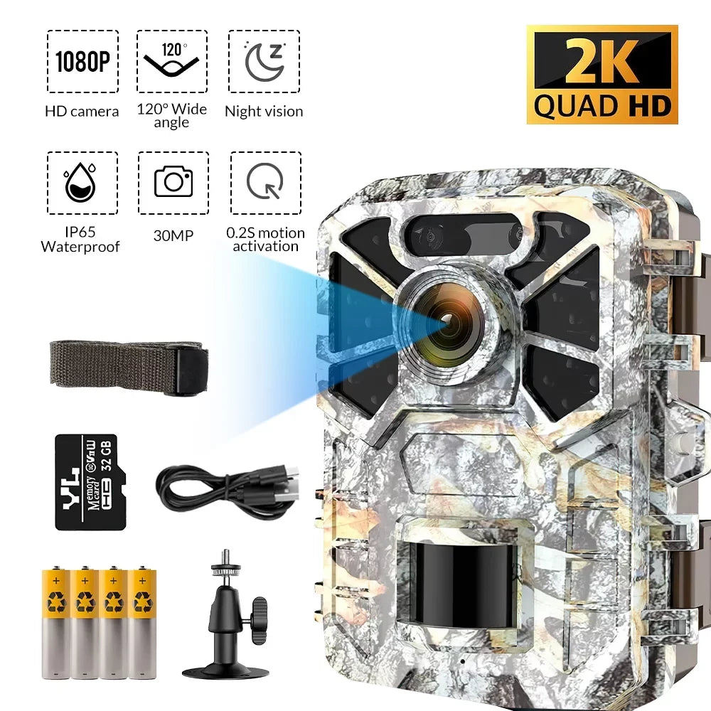 2 Pack Trail Camera, 30MP 2k Game Camera with Infrared Night Vision Wildlife Surveillance, Farm Monitoring, Fluid Hunting Trail Monitor with 120° Wide Angle Lens