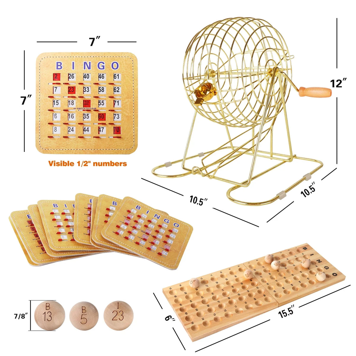 GSE Games & Sports Expert Deluxe Bingo Game Set with Gold Bingo Cage, Wood Masterboard, Wood Bingo Balls and Shutter Bingo Cards. Great for Kids, Adults and Family Party