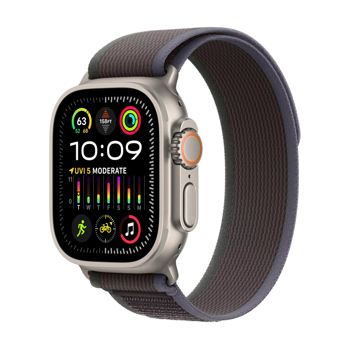 Watch Ultra 2 - 49 mm - titanium - smart watch with Trail Loop - nylon weave - blue/black - band size: M/L - 64 GB - Wi-Fi, LTE, UWB, Bluetooth - 4G - 2.17 oz
