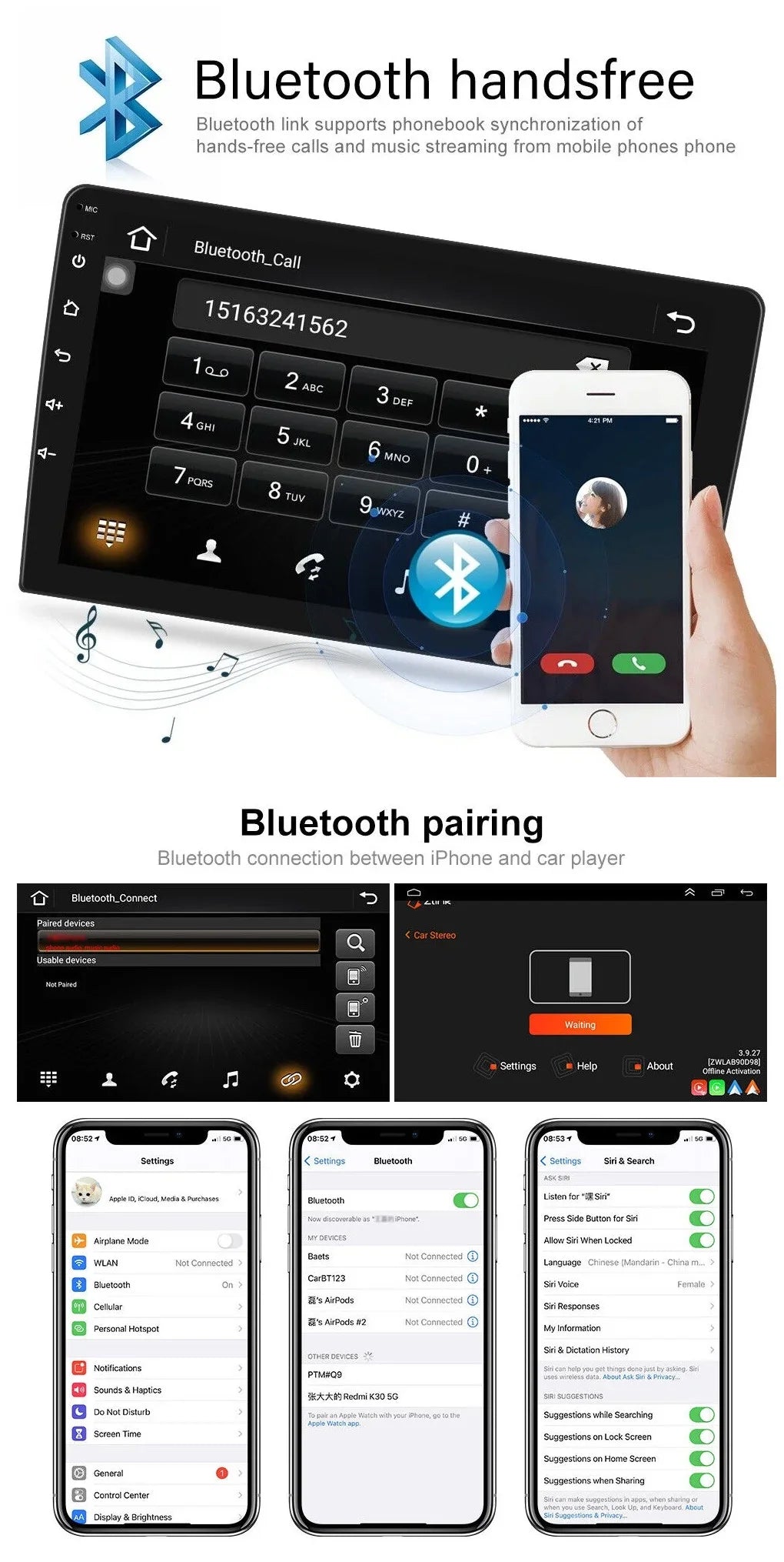 Android 2+32GB Car Stereo Wireless Carplay Android Auto Double Din Radio 9" 1280*720 IPS Monitor WiFi GPS Navigation Bluetooth USB FM/RDS Receiver AHD Backup Camera