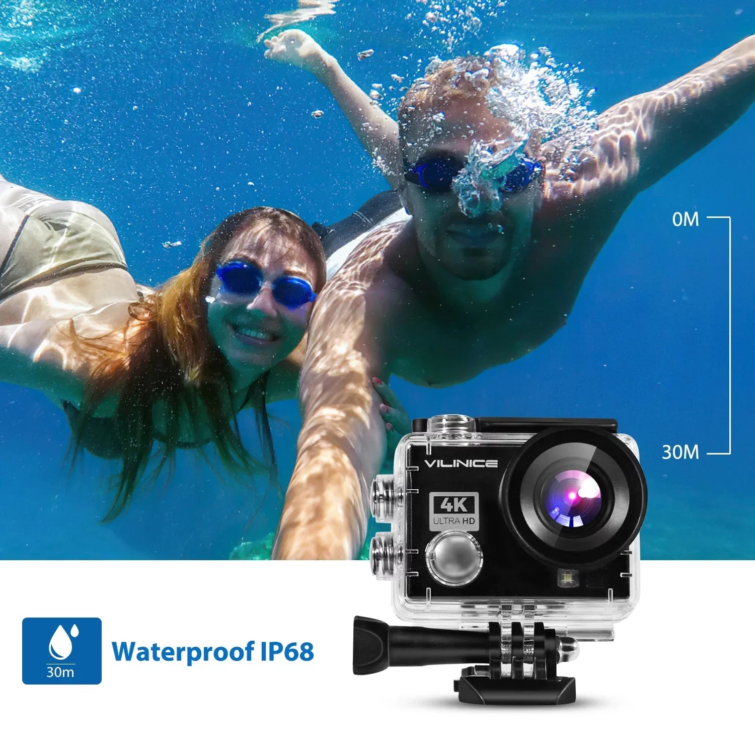 VILINICE Action Camera, 4K WiFi Camera with EIS 30m Fluid Fluid Cameras for Snorkeling, Sports Camera with 16MP Sensor, Camera Compatible Case, Remote Control for Gift, Travel