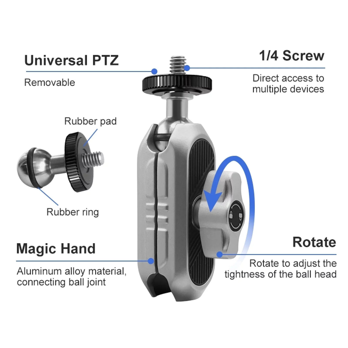 Aluminum Alloy Camera Mount Clamp - Bicycle Handlebar Adapter, 1.5kg Load Capacity, Dual Rotatable Ball Head, Adapter, Compatible with AKASO, DJI, Hero 11/10/9/8/7, Insta360