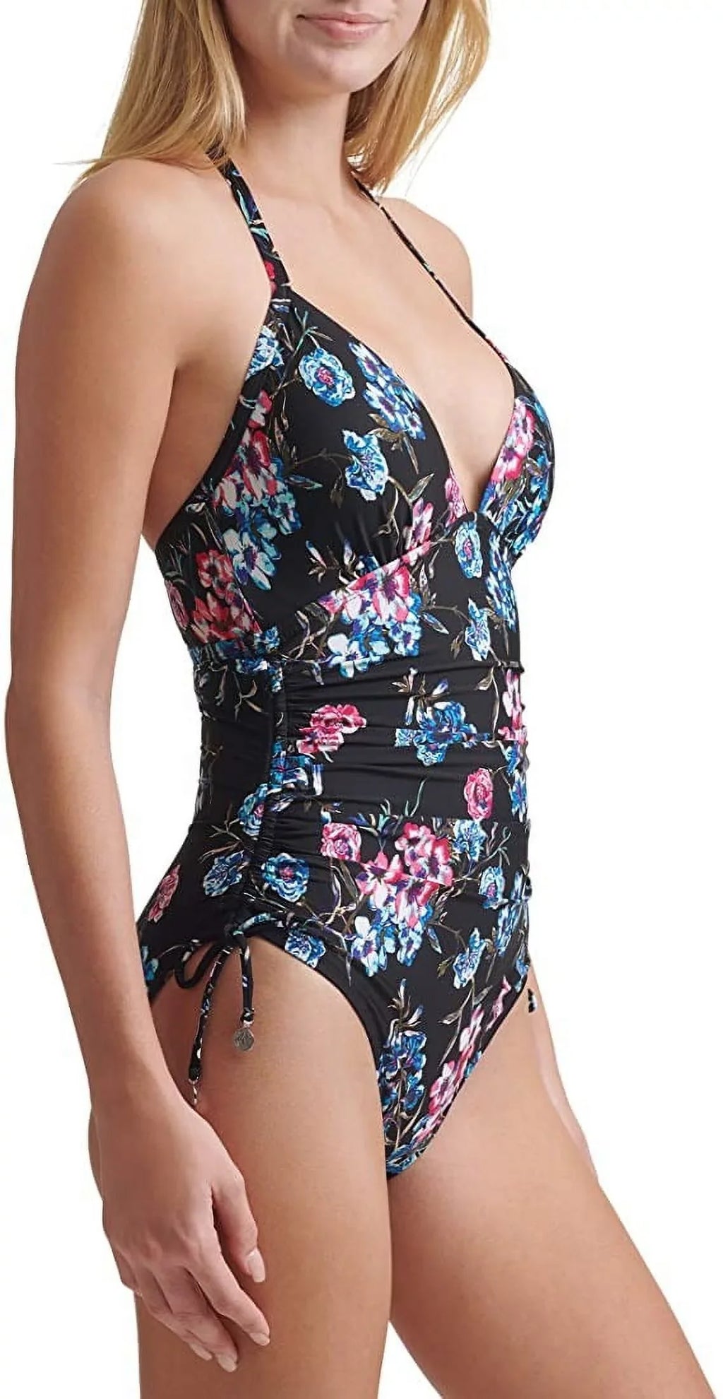 DKNY BLACK FLORAL Floral-Print Halterneck One-Piece Swimsuit, US 14