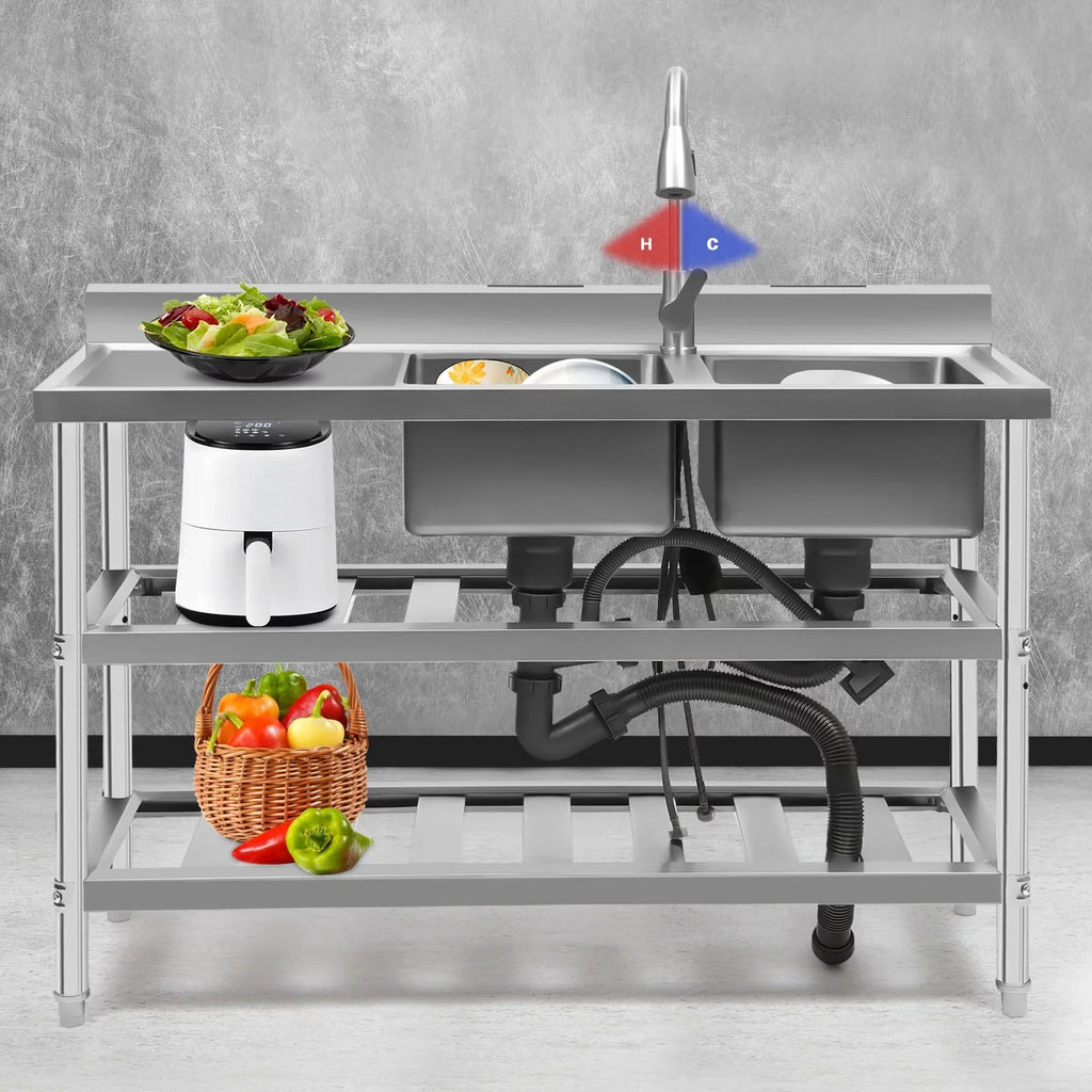 Wuzstar Commercial Utility Sink, Stainless Steel Double Bowl Kitchen Sink with Hot and Cold High Faucet