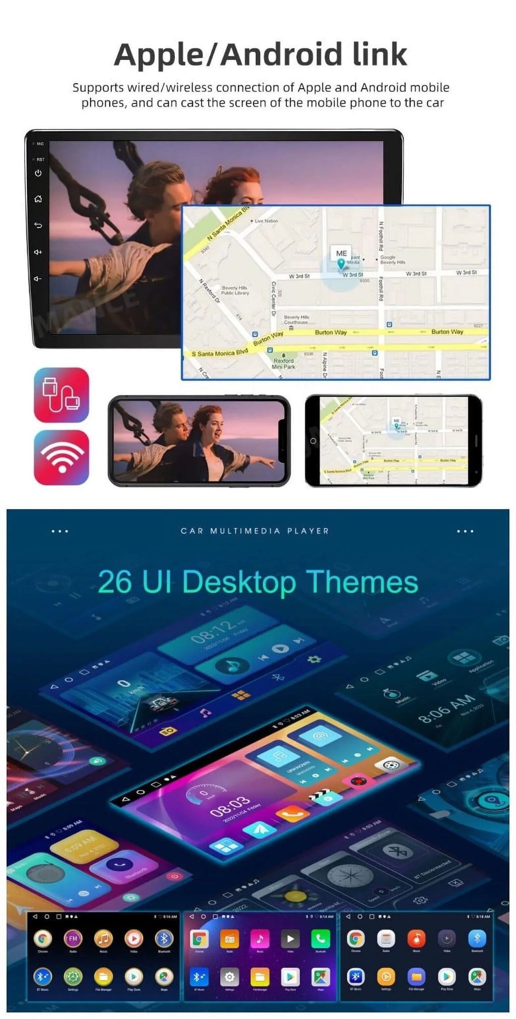 Android 2+32GB Car Stereo Wireless Carplay Android Auto Double Din Radio 10.1" 1280*720 IPS Display WiFi GPS Navigation Bluetooth USB FM/RDS Receiver AHD Backup Camera