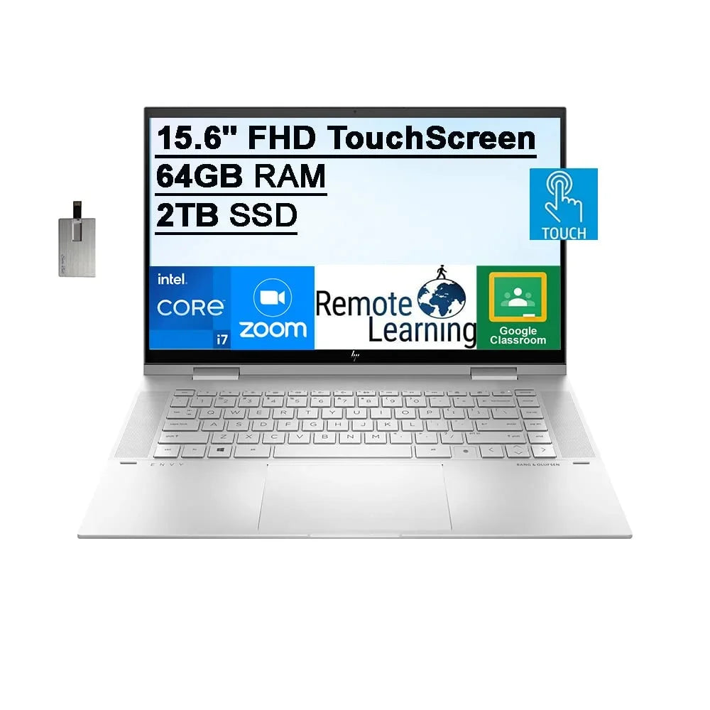 2021 Envy 2-in-1 15.6" FHD Monitor Portable computer Computer, 11th Gen Core i7-1195G7, 64GB RAM, 2TB PCIe SSD, Backlit Keyboard, Iris Xe Graphics, HD Webcam, Win 11, Silver, 32GB USB Card