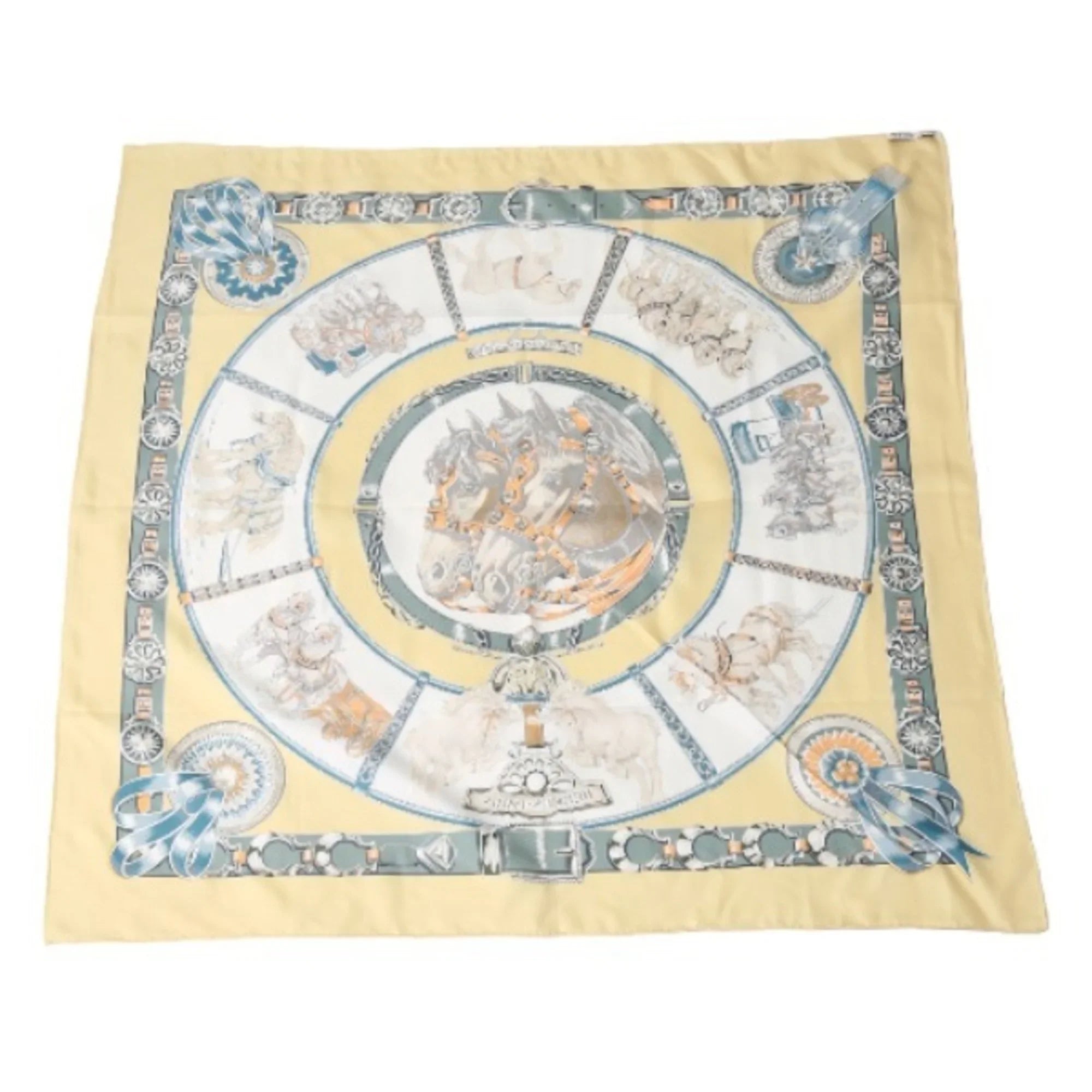Pre-Owned HERMES Taima Kare90 100% Silk Hermes Yellow Scarf (Fair)